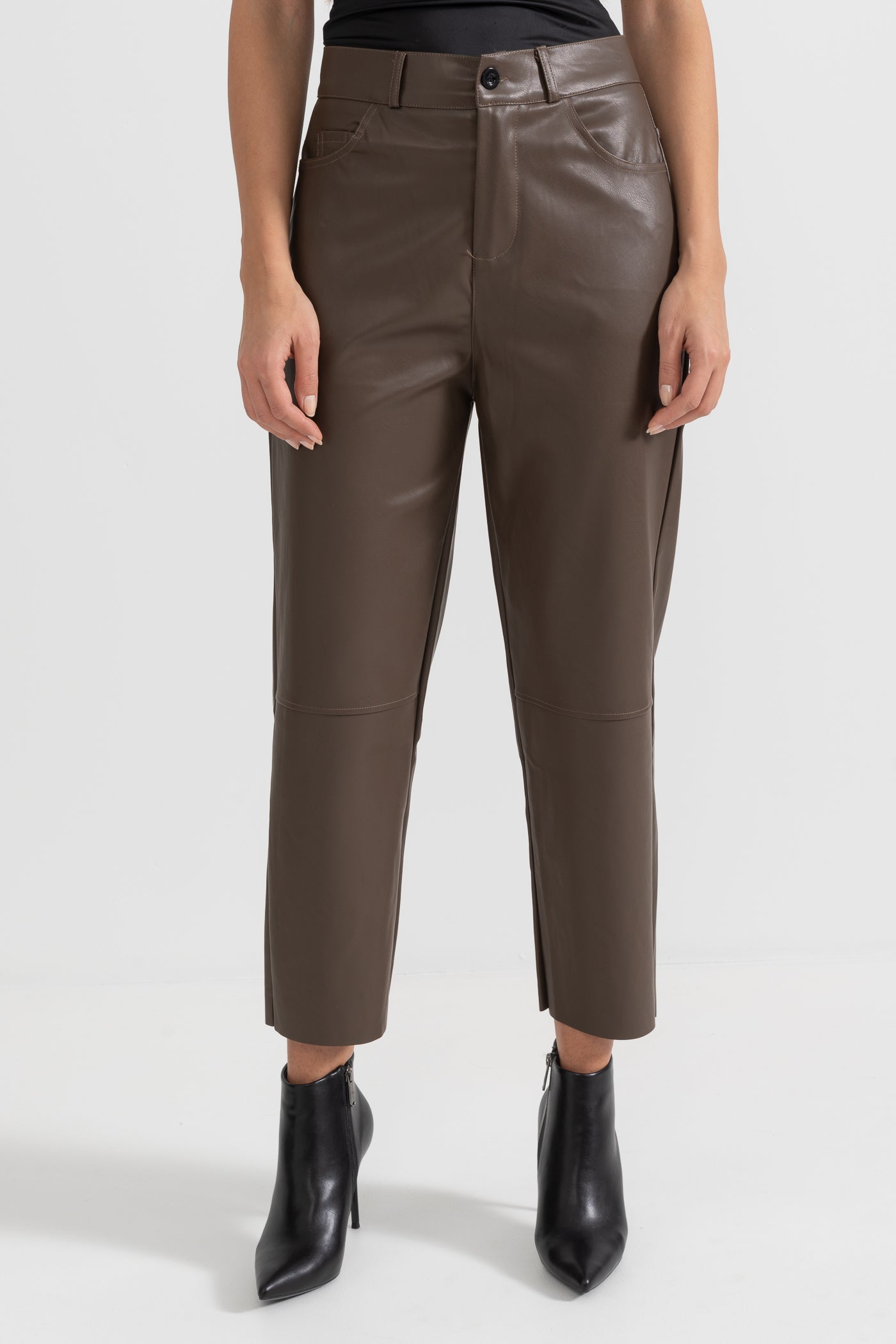 Kahverengi Cropped Vegan Deri Pantolon