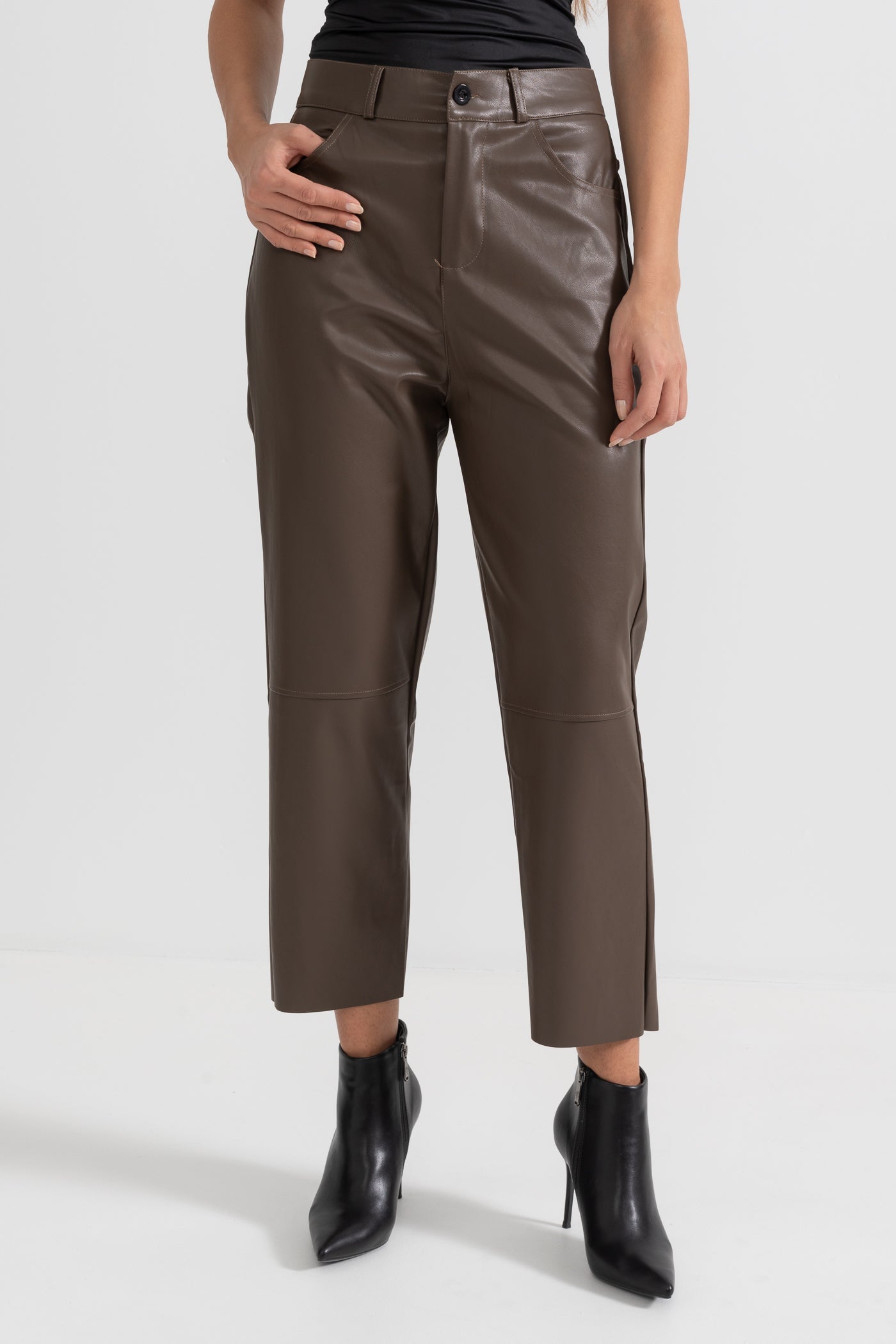 Kahverengi Cropped Vegan Deri Pantolon