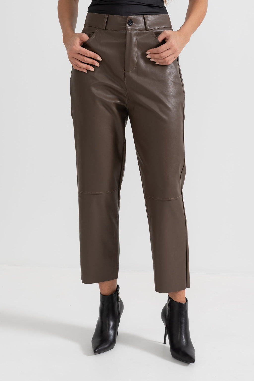 Kahverengi Cropped Vegan Deri Pantolon