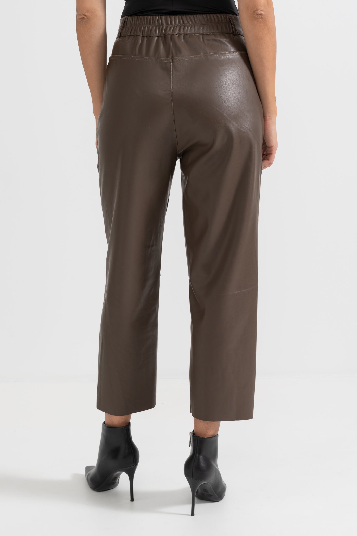 Kahverengi Cropped Vegan Deri Pantolon