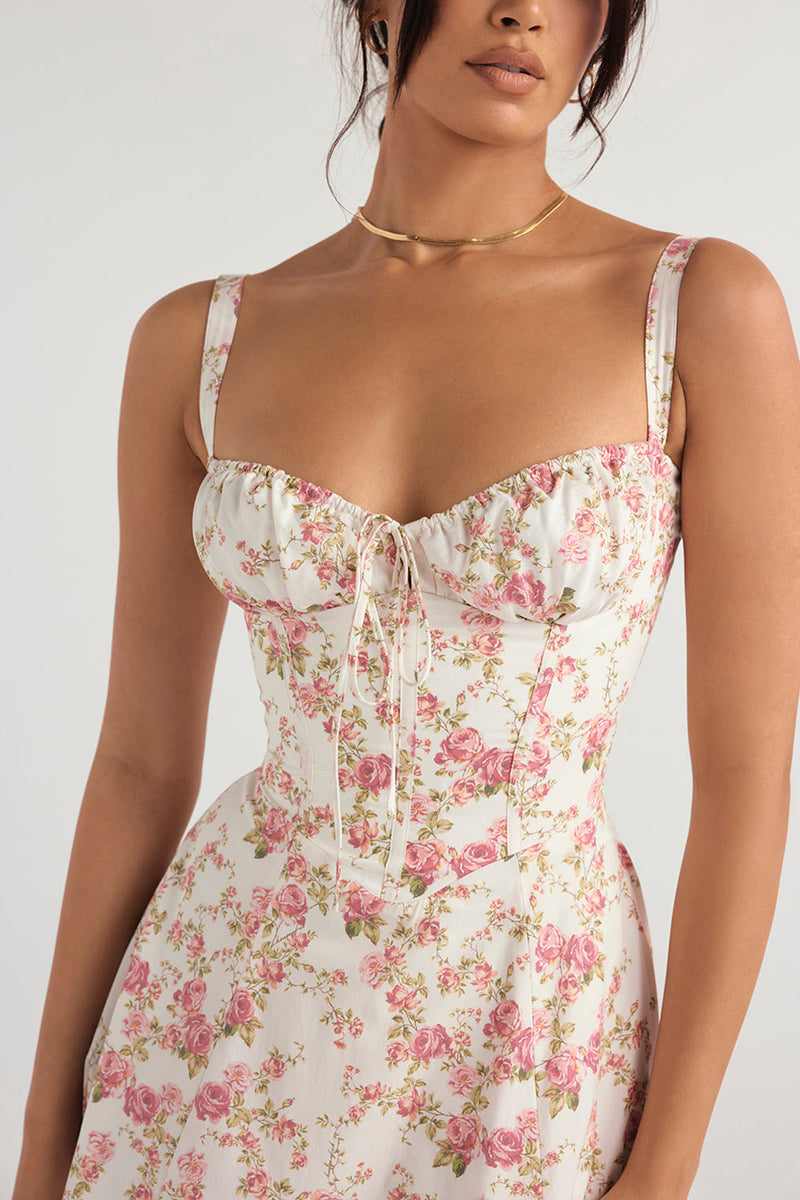 EMILY PINK FLORAL CORSET MİDİ ELBİSE