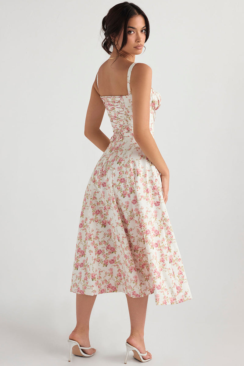 EMILY PINK FLORAL CORSET MİDİ ELBİSE