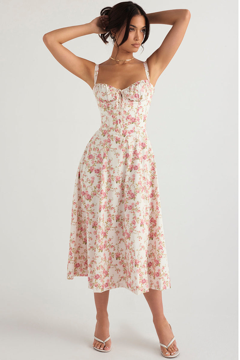 EMILY PINK FLORAL CORSET MİDİ ELBİSE