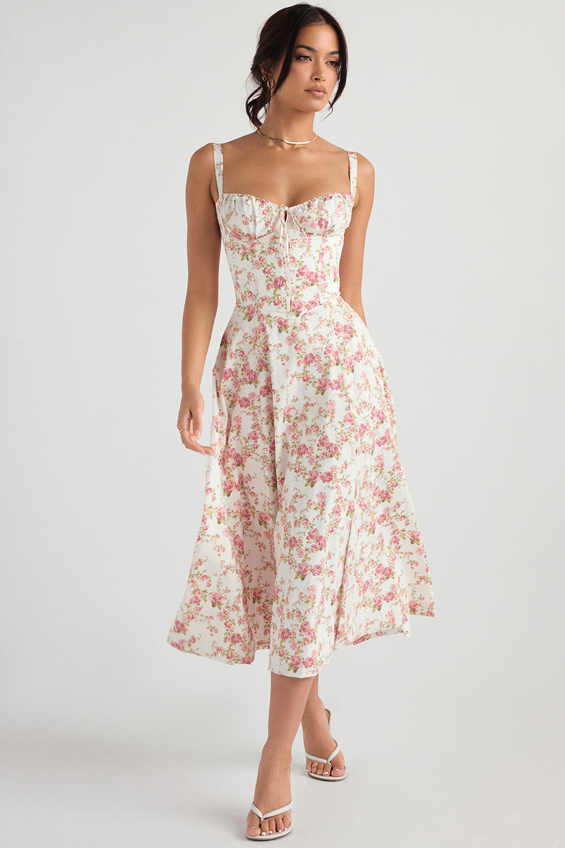 EMILY PINK FLORAL CORSET MİDİ ELBİSE
