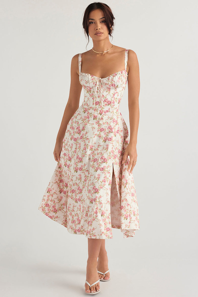 EMILY PINK FLORAL CORSET MİDİ ELBİSE
