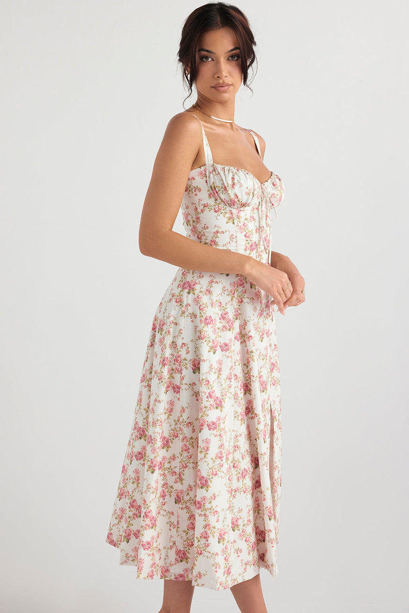 EMILY PINK FLORAL CORSET MİDİ ELBİSE