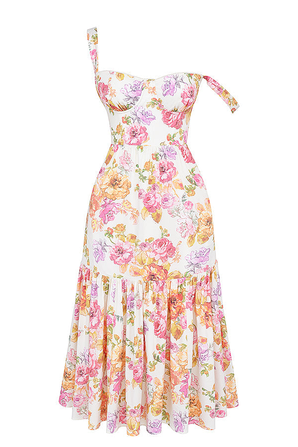 ISA IVORY FLORAL KHAKI MIDI ELBİSE