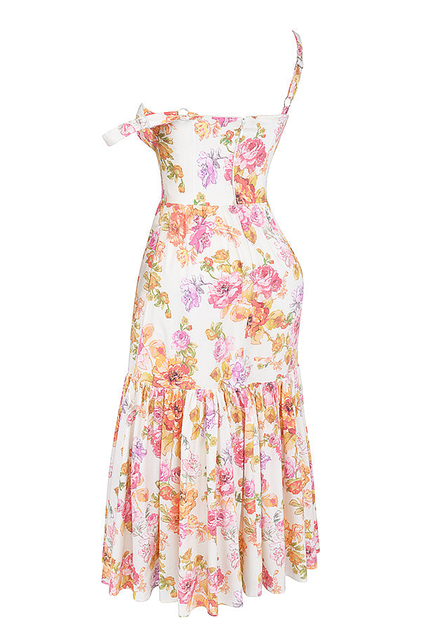 ISA IVORY FLORAL KHAKI MIDI ELBİSE