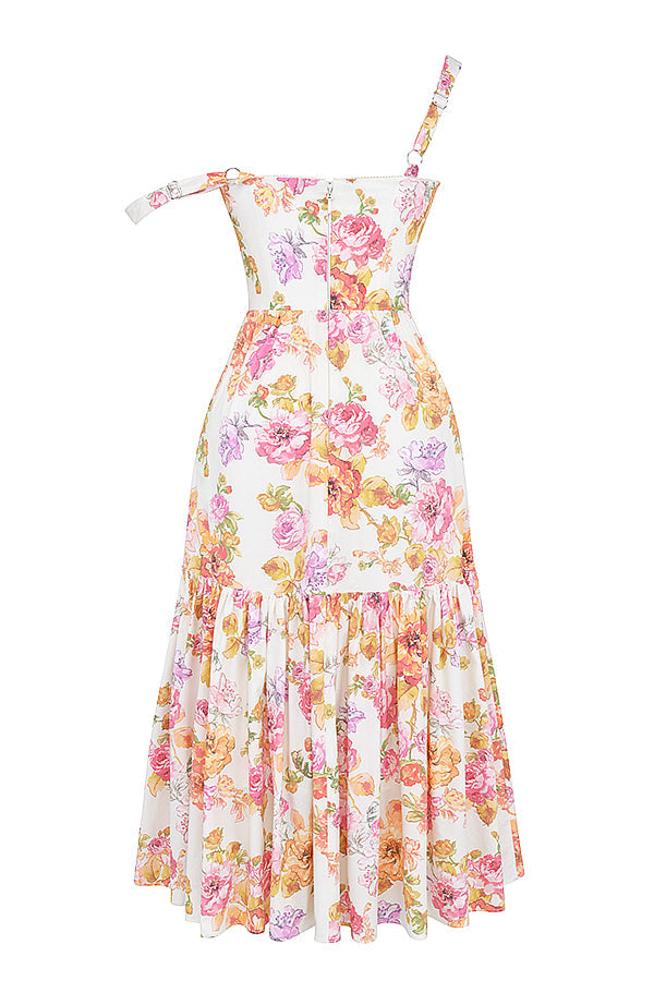 ISA IVORY FLORAL KHAKI MIDI ELBİSE