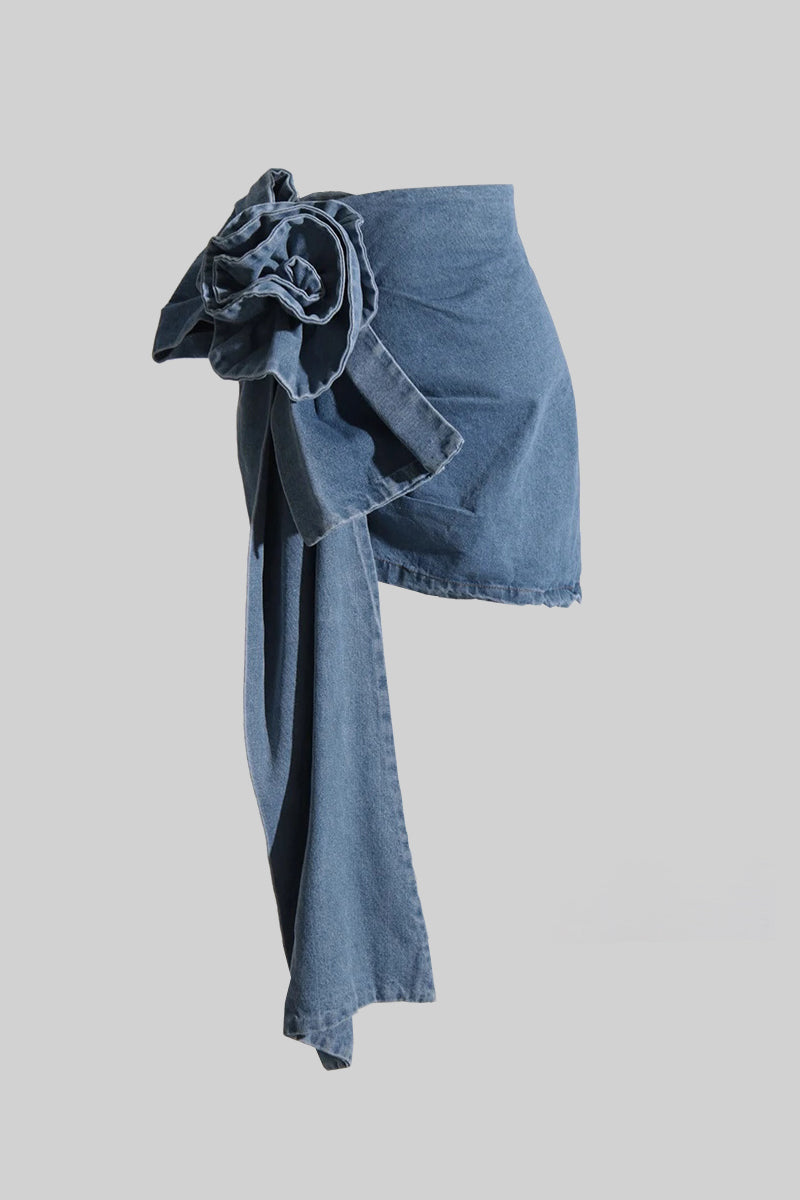 Mavi Asimetrik Çiçek Desenli Denim Etek