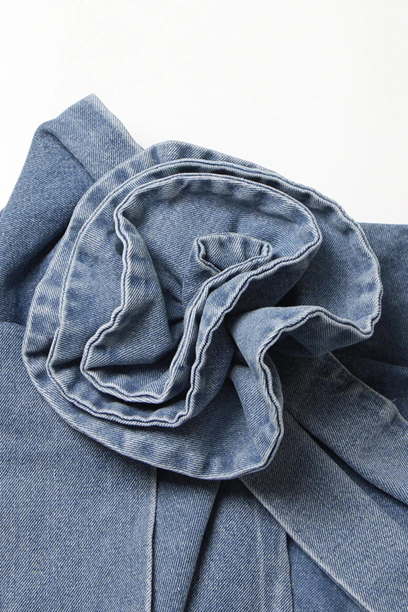 Mavi Asimetrik Çiçek Desenli Denim Etek