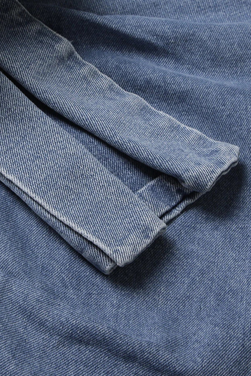 Mavi Asimetrik Çiçek Desenli Denim Etek