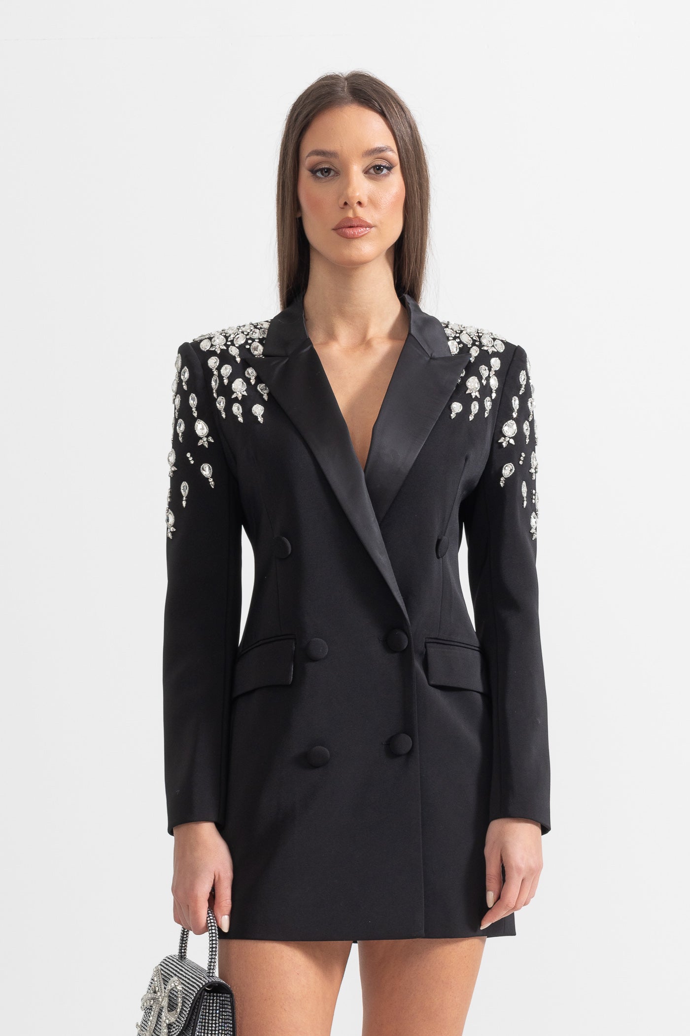 Taş İşlemeli Omuz Detaylı Siyah Blazer