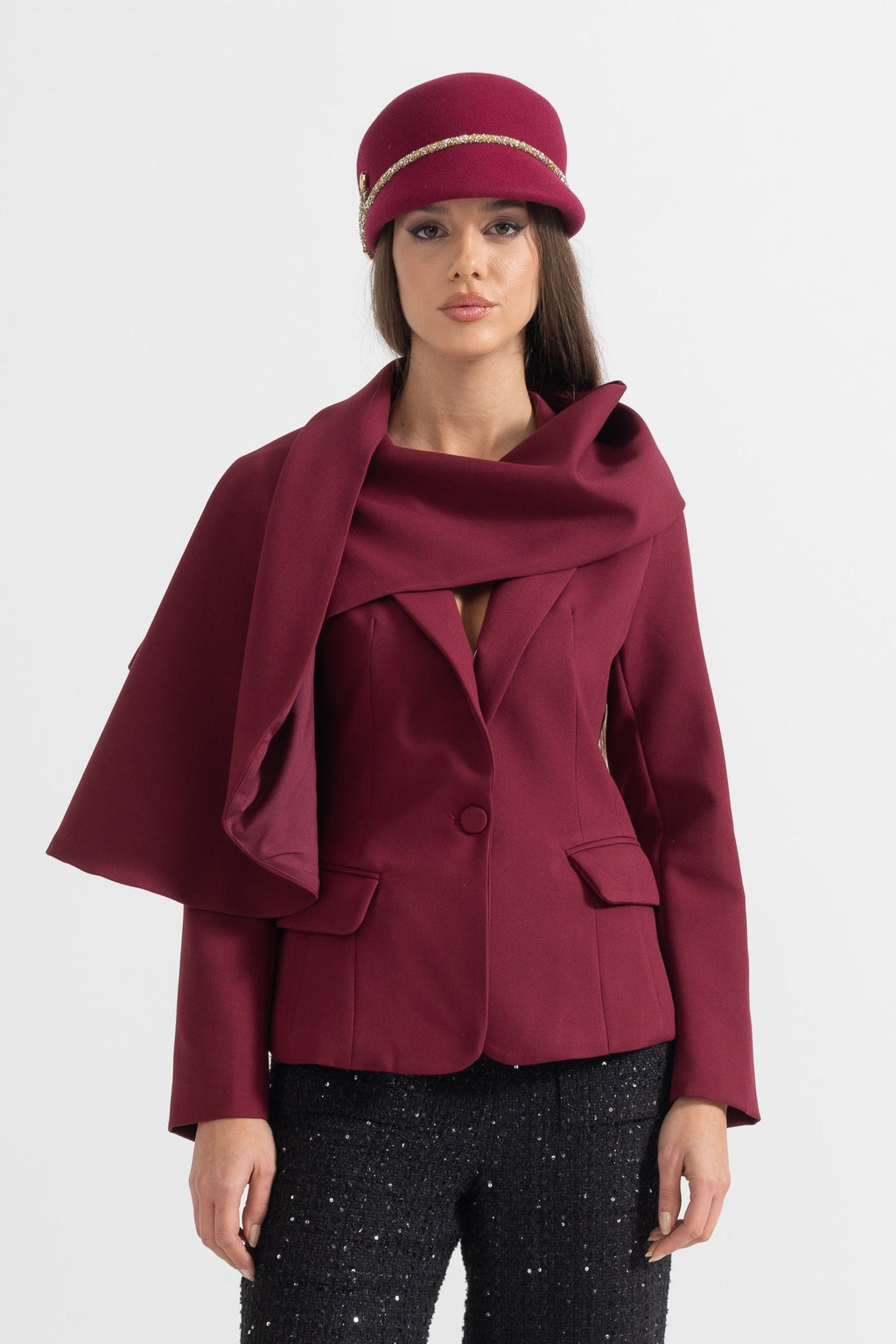 Asimetrik Drapeli Şal Detaylı Bordo Blazer