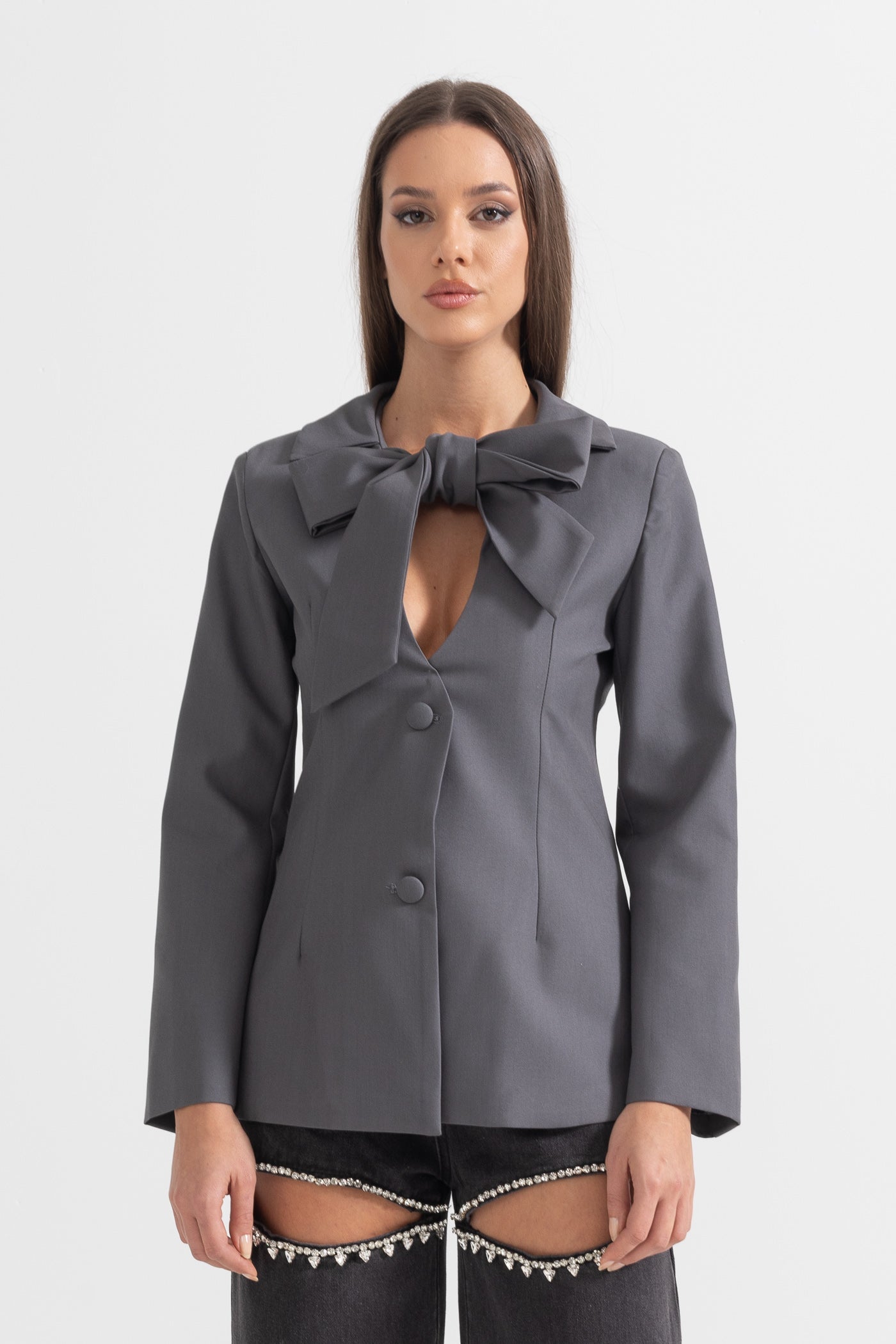 Yaka Fiyonk Detaylı Gri Blazer