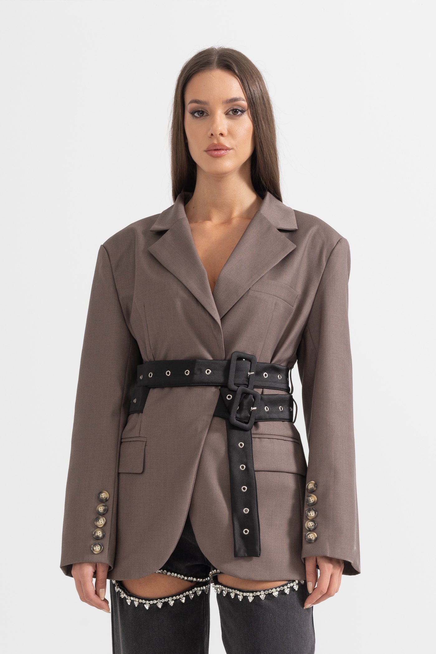 Çift Kemer Detaylı Kahverengi Blazer