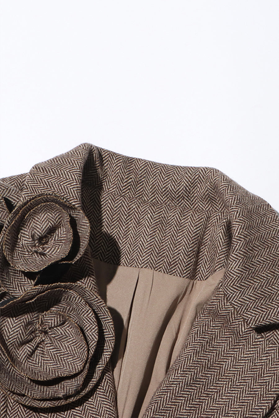 Çiçek Aplikeli Kahverengi Çift Düğmeli Tweed Blazer