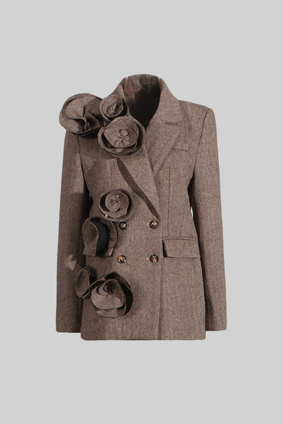 Çiçek Aplikeli Kahverengi Çift Düğmeli Tweed Blazer
