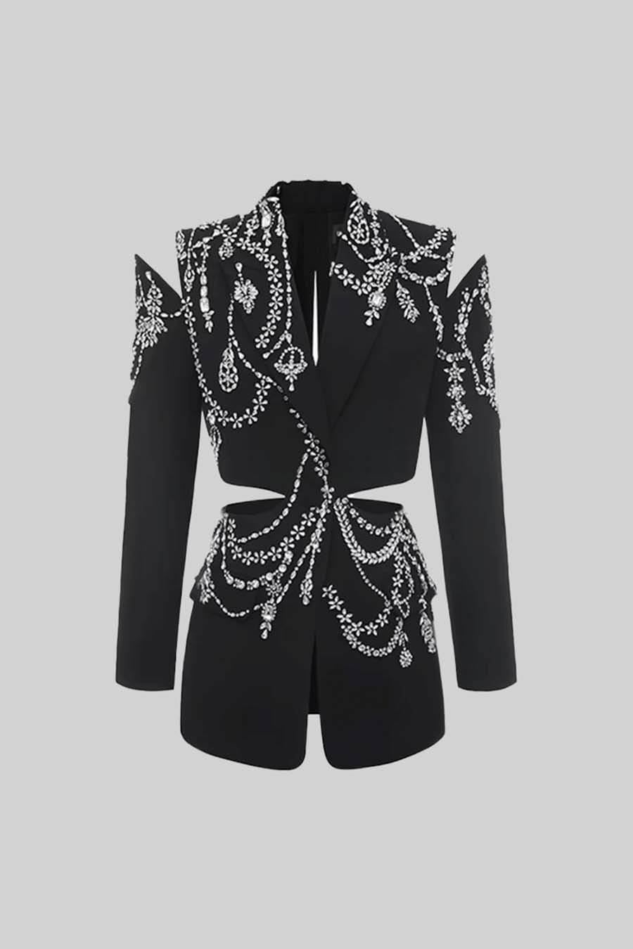 Nakış Detaylı Bel Dekolteli Siyah Blazer