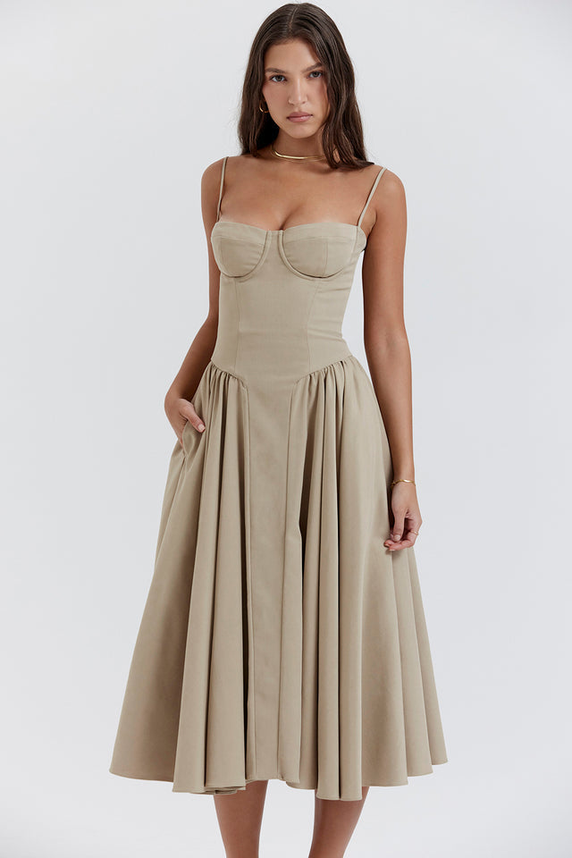 SAMARIA CORSET MIDI DRESS TAUPE GREY