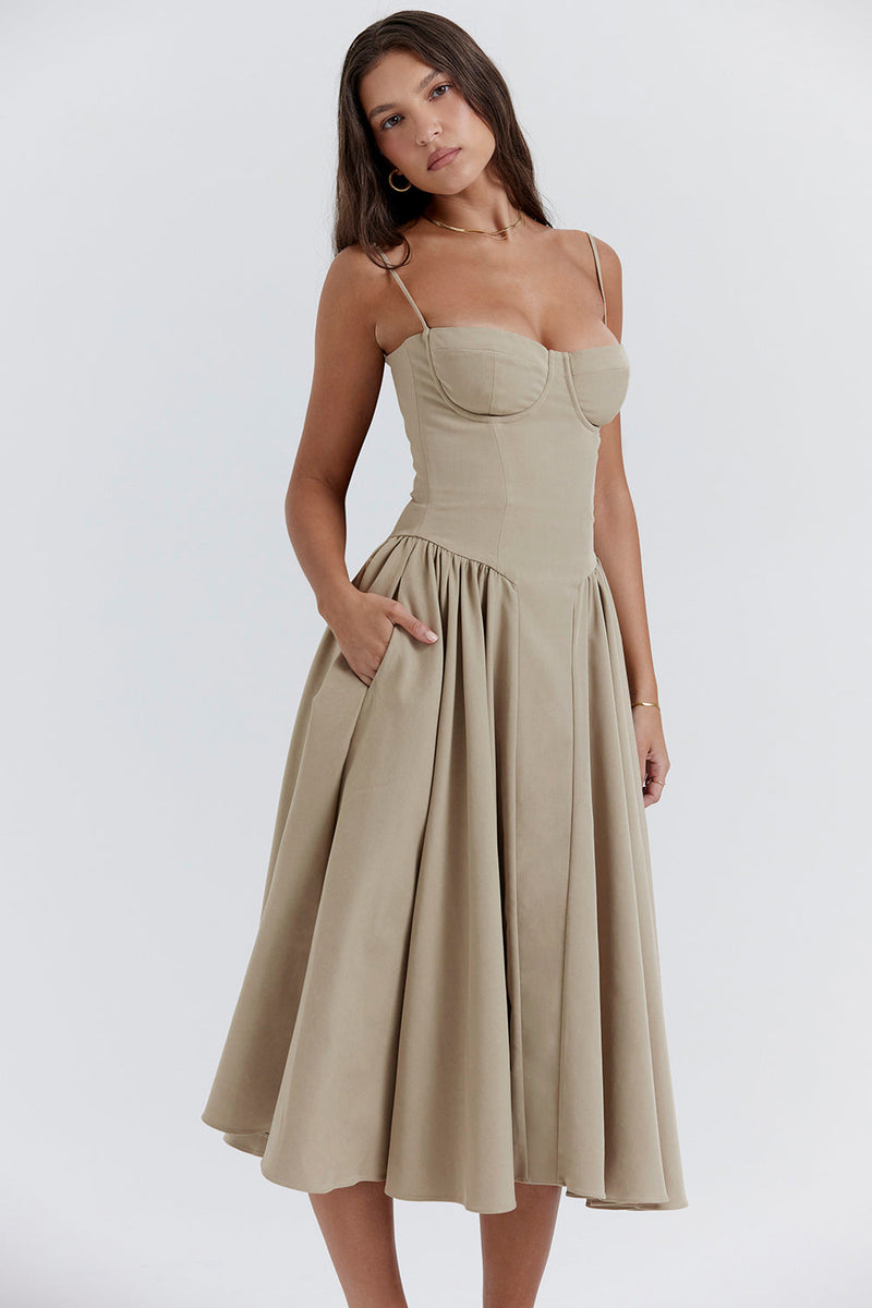 SAMARIA CORSET MIDI DRESS TAUPE GREY