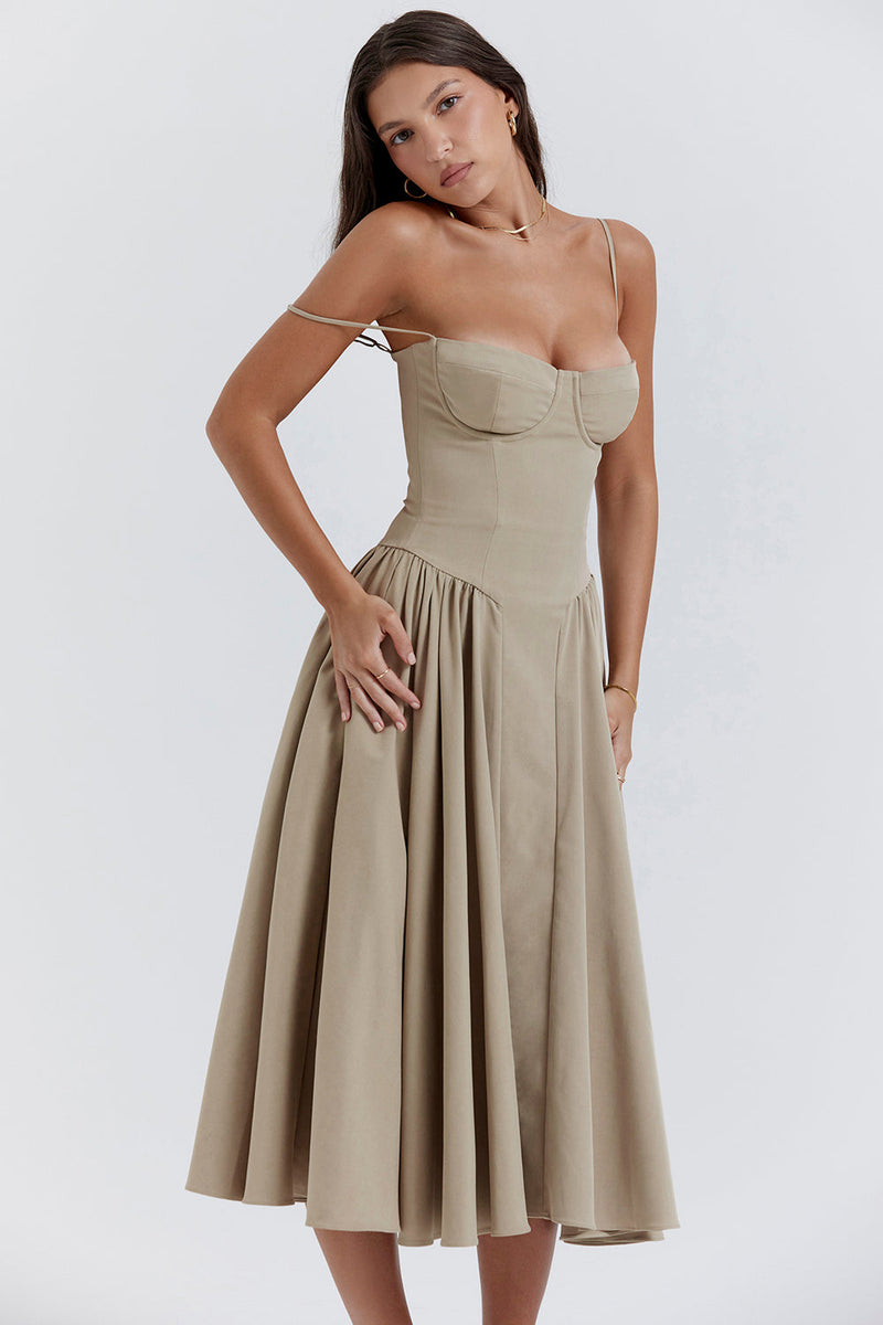 SAMARIA CORSET MIDI DRESS TAUPE GREY